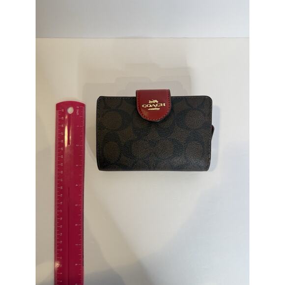 Coach C0082 Small Trifold Wallet — Signature Brown Canvas with Red Leather Trim - Picture 3 of 7